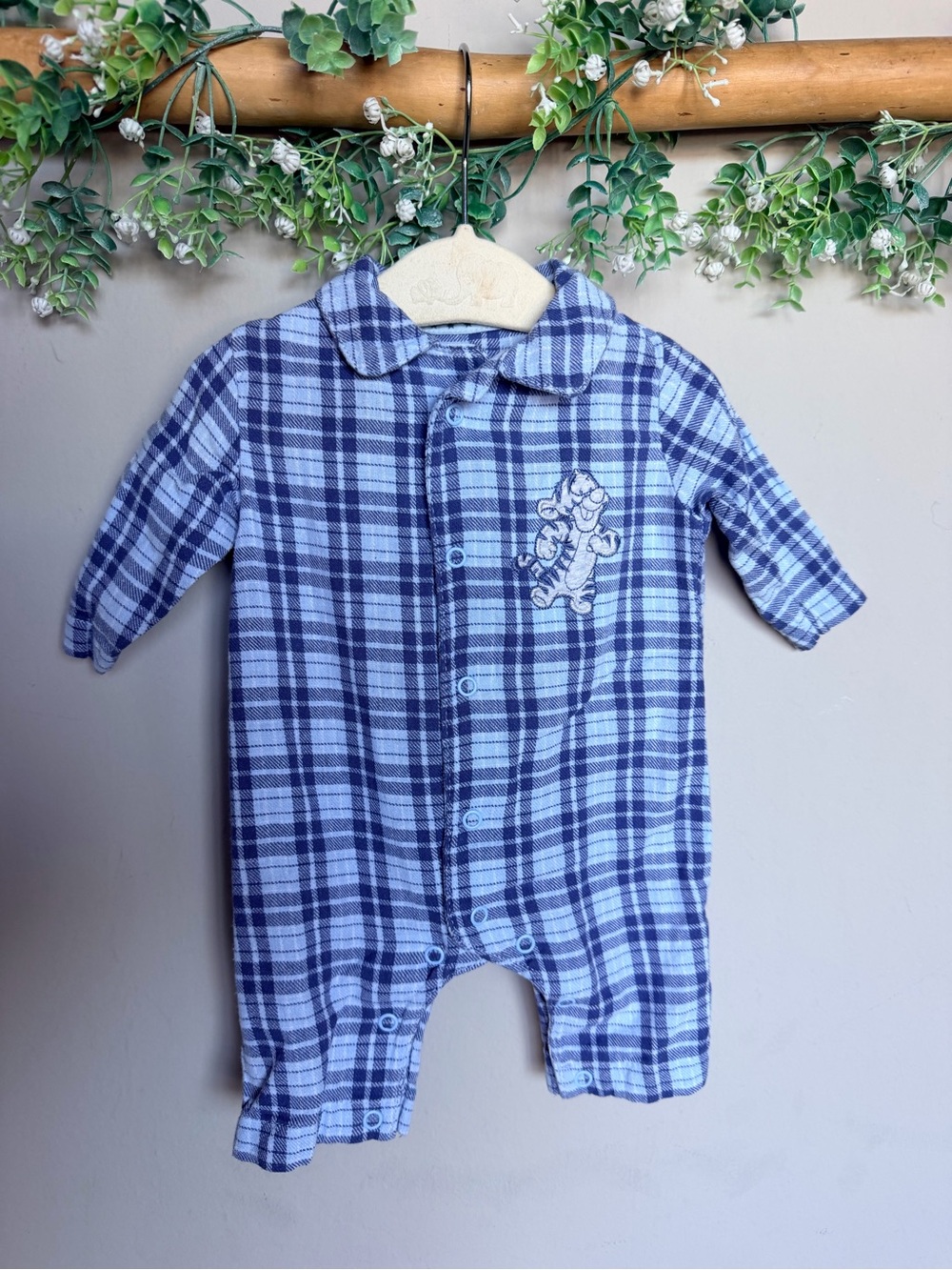 Disney Baby Blue Plaid One-Piece Romper with Tigger Appliqué | newborn